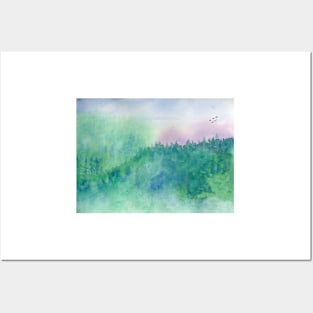 Green Mist Forest Watercolor Painting. Posters and Art